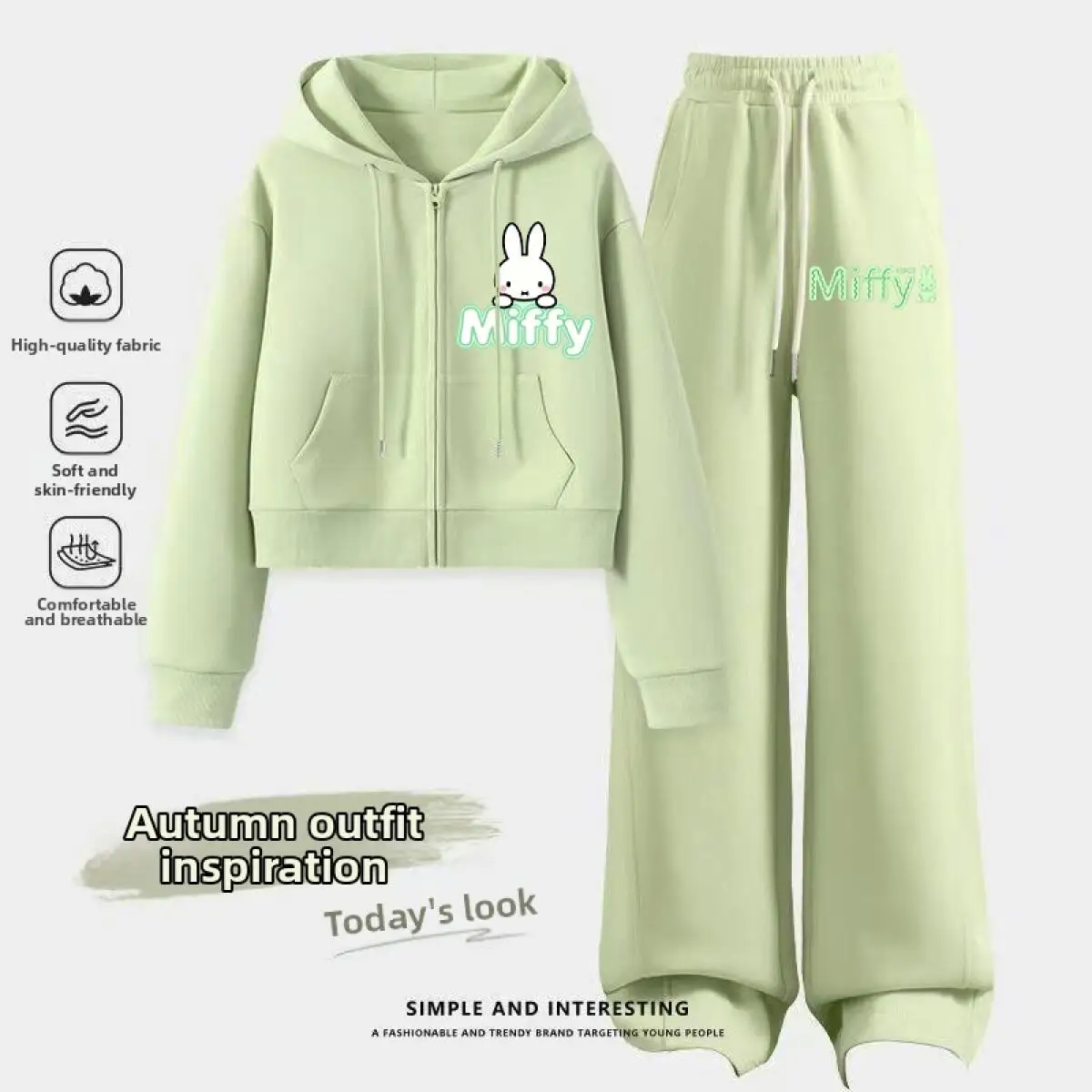 Комплект спортивной одежды Miffy, женская весенне-осенняя короткая толстовка с капюшоном, пальто, свободные широкие брюки, повседневный комплект из двух предметов 
Комплект спортивной одежды Miffy, женская весенне-осенняя короткая толстовка с капюшоном, пальто, свободные широкие брюки, повседневный комплект из двух предметов