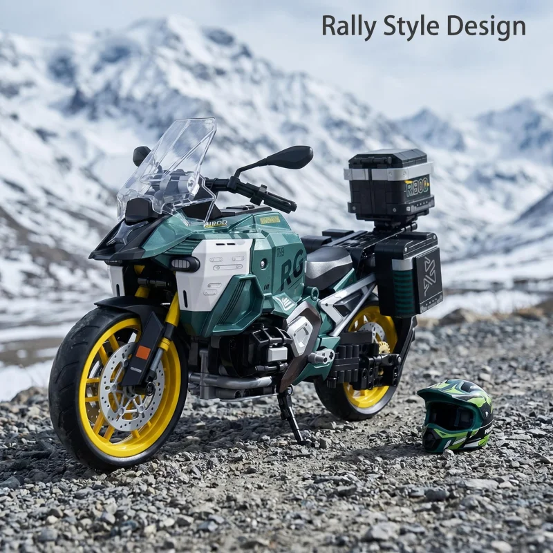 1:8 scale adventure travel motorcycle building block set, green off-road motorcycle model with luggage box and shock absorbers,
1:8 scale adventure travel motorcycle building block set, green off-road motorcycle model with luggage box and shock absorbers,