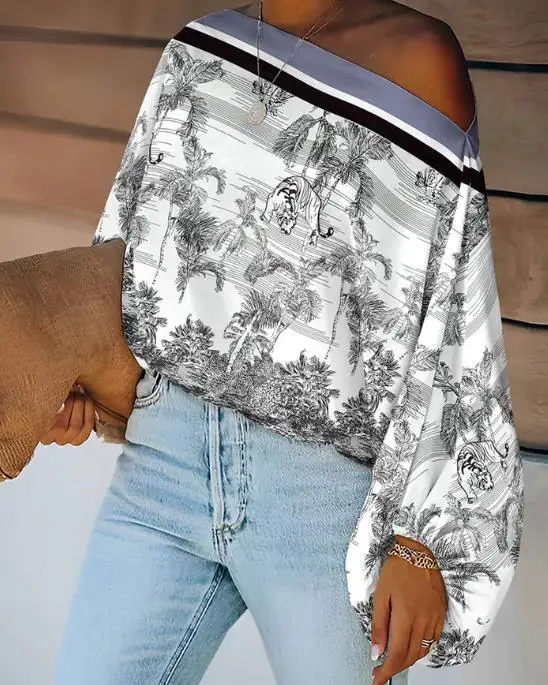 Women Blouse 2026 New Ink Plants & Animal Placement Print Skew Neck Lantern Sleeve Blouse Casual Contrast Striped Loose Fit Top
Women Blouse 2026 New Ink Plants & Animal Placement Print Skew Neck Lantern Sleeve Blouse Casual Contrast Striped Loose Fit Top