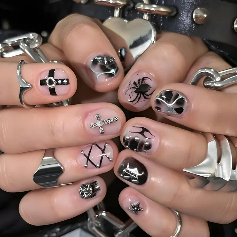 24Pcs Men's Fake Nails Punk-Style Dark Metal Short Design with Spider and Star Motifs Press-On Nail Tips Suitable for Boys
24Pcs Men's Fake Nails Punk-Style Dark Metal Short Design with Spider and Star Motifs Press-On Nail Tips Suitable for Boys