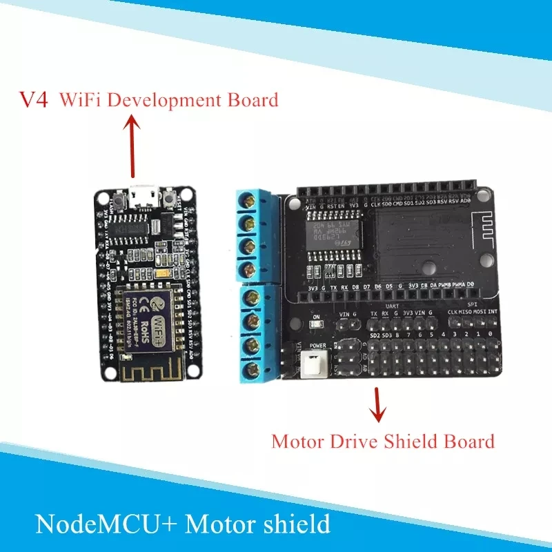 NodeMCU ESP8266 Development Board + Motor Drive Shield WiFi ESP8266 ESP 12F DIY RC Kit for Smart Robot Car/Tank Chassis DIY
NodeMCU ESP8266 Development Board + Motor Drive Shield WiFi ESP8266 ESP 12F DIY RC Kit for Smart Robot Car/Tank Chassis DIY
