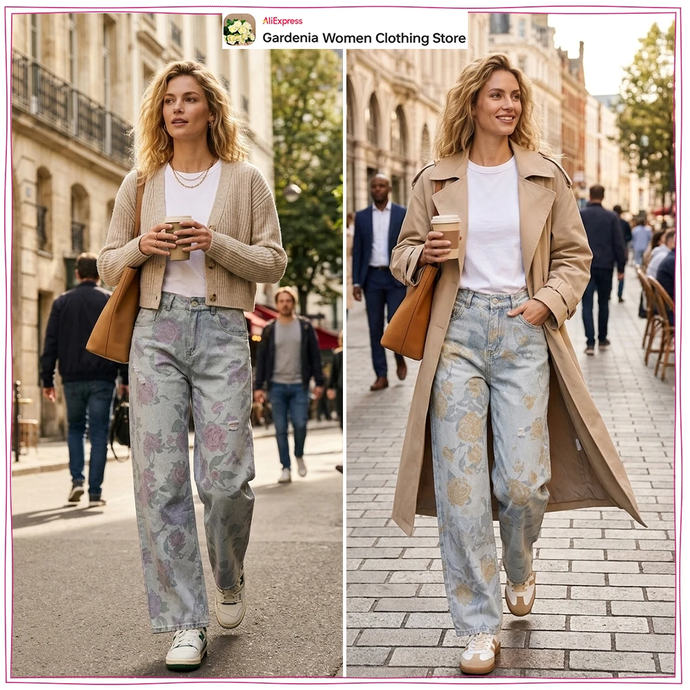 Aesthetic Women Low Rise Loose Fit Printed Folded Jeans with Five Pockets Elegant Chic Rose Print Cowgirls Pants with Cuffed Hem
Aesthetic Women Low Rise Loose Fit Printed Folded Jeans with Five Pockets Elegant Chic Rose Print Cowgirls Pants with Cuffed Hem