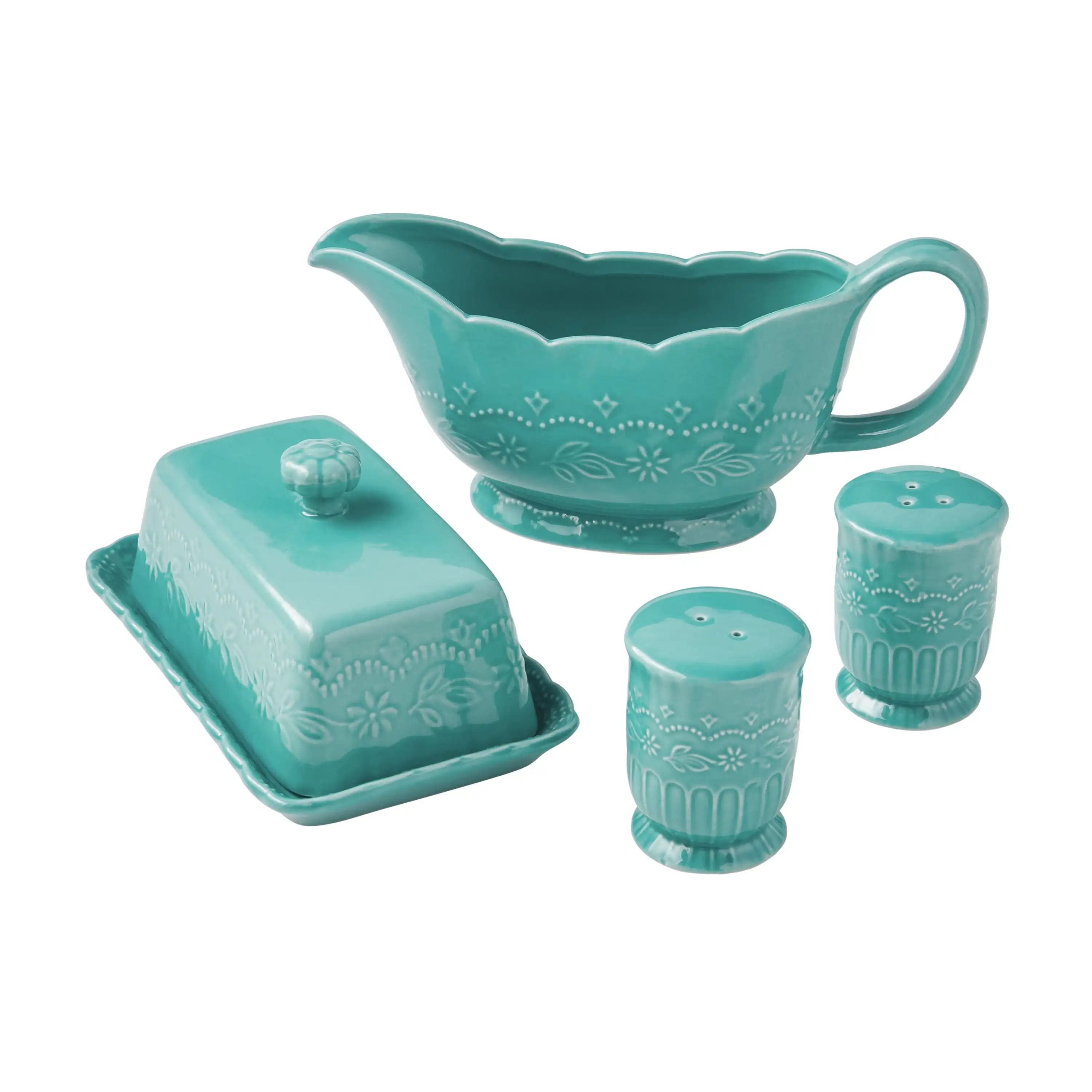 Toni 5-Piece Stoneware Butter Dish, Gravy Boat, and Salt & Pepper Serve Set, Teal
Toni 5-Piece Stoneware Butter Dish, Gravy Boat, and Salt & Pepper Serve Set, Teal
