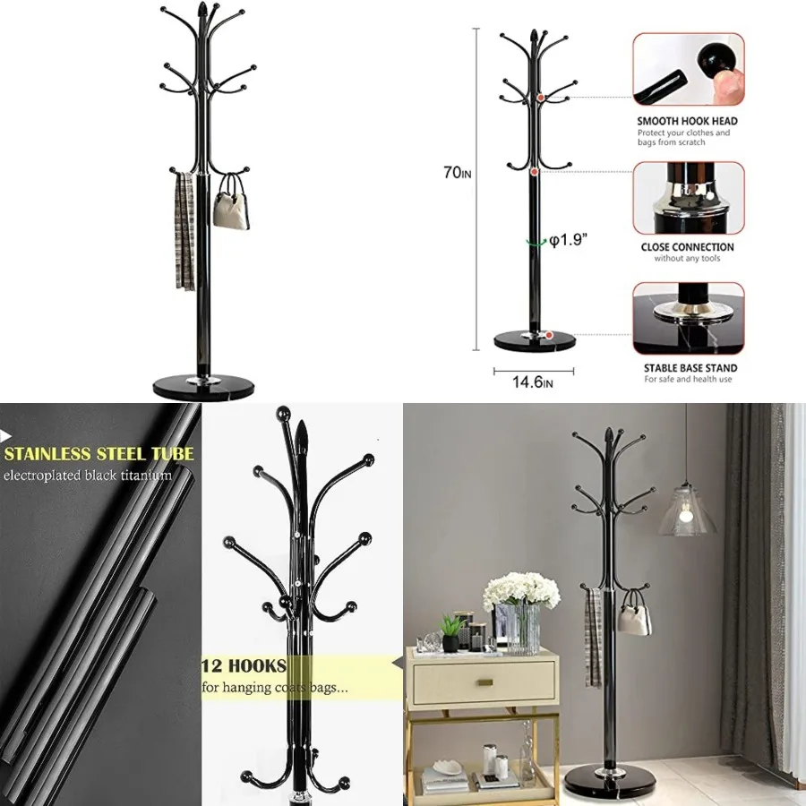 Heavy-Duty Freestanding Coat Rack Stand 12-Hook Metal Hall Tree with 14.6" Natural Marble Base Stable Entryway Organizer for Co
Heavy-Duty Freestanding Coat Rack Stand 12-Hook Metal Hall Tree with 14.6" Natural Marble Base Stable Entryway Organizer for Co