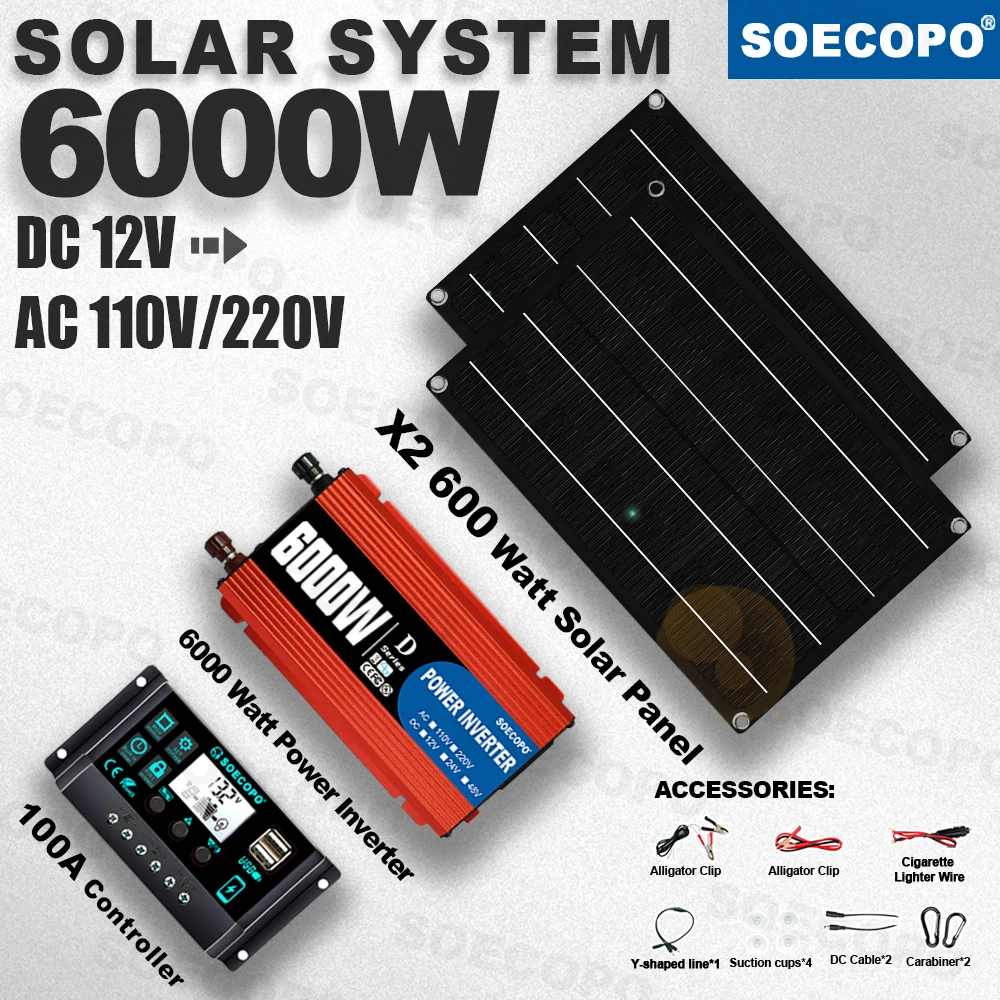 Eco-friendly Off Grid 6000W Peak Complete Solar System Kit 2x600W Panel 100A Controller 12V To 110V 220V Inverter for Garden car
Eco-friendly Off Grid 6000W Peak Complete Solar System Kit 2x600W Panel 100A Controller 12V To 110V 220V Inverter for Garden car