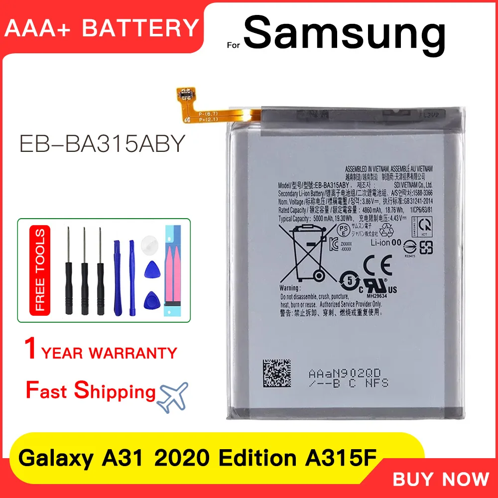 Genuine New EB-BA315ABY Replacement Battery EB-BA315ABY For Samsung Galaxy A22 4G A31 5000 mAh Galaxy A32 4g A325F A32 +Tools
Genuine New EB-BA315ABY Replacement Battery EB-BA315ABY For Samsung Galaxy A22 4G A31 5000 mAh Galaxy A32 4g A325F A32 +Tools