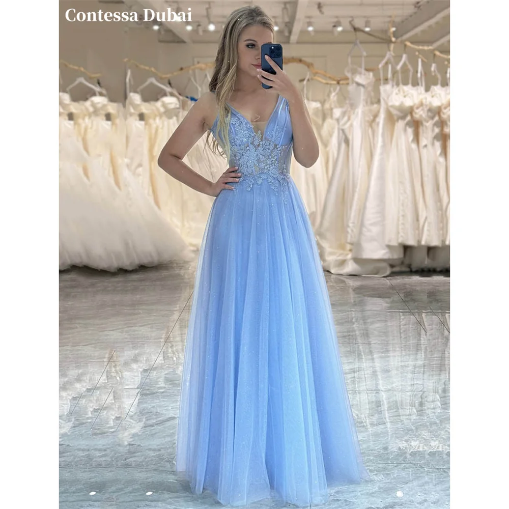 Contessa Custom Blue V‑Neck Evening Dress Floral Lace Applique Prom Dresses Sparkle Vestidos De Noche Tulle Formal Evening 2026
Contessa Custom Blue V‑Neck Evening Dress Floral Lace Applique Prom Dresses Sparkle Vestidos De Noche Tulle Formal Evening 2026