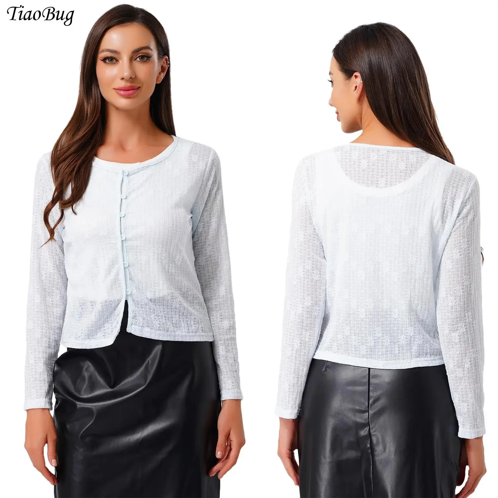 Womens Cardigan Exquisite Jacquard Long Sleeve Crew Neck Button-up Shrugs Bolero Covers Up Blosue for Vacation Beach Shopping 
Womens Cardigan Exquisite Jacquard Long Sleeve Crew Neck Button-up Shrugs Bolero Covers Up Blosue for Vacation Beach Shopping