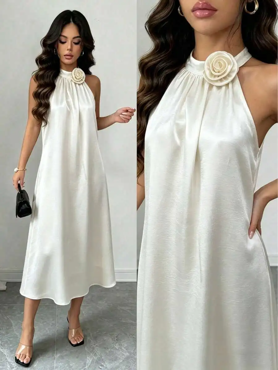 Ivory Satin Halter Midi Dress With 3D Rose At Neckline, Fluid Asymmetrical Drape, Sleeveless—Elegant For Weddings And Summer
Ivory Satin Halter Midi Dress With 3D Rose At Neckline, Fluid Asymmetrical Drape, Sleeveless—Elegant For Weddings And Summer