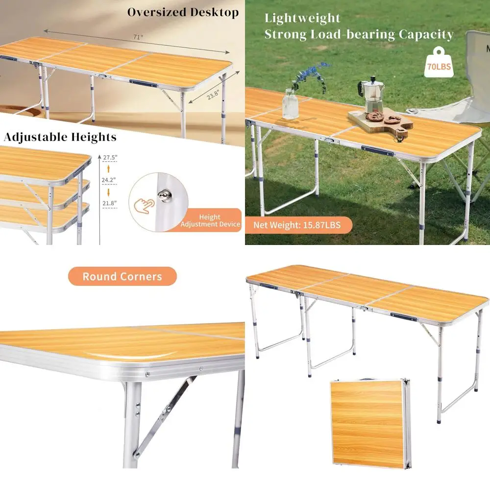 Легкий портативный складной стол для кемпинга - для использования на природе и пикников, простая сборка, имитация дерева, 180x60x70 см
Легкий портативный складной стол для кемпинга - для использования на природе и пикников, простая сборка, имитация дерева, 180x60x70 см