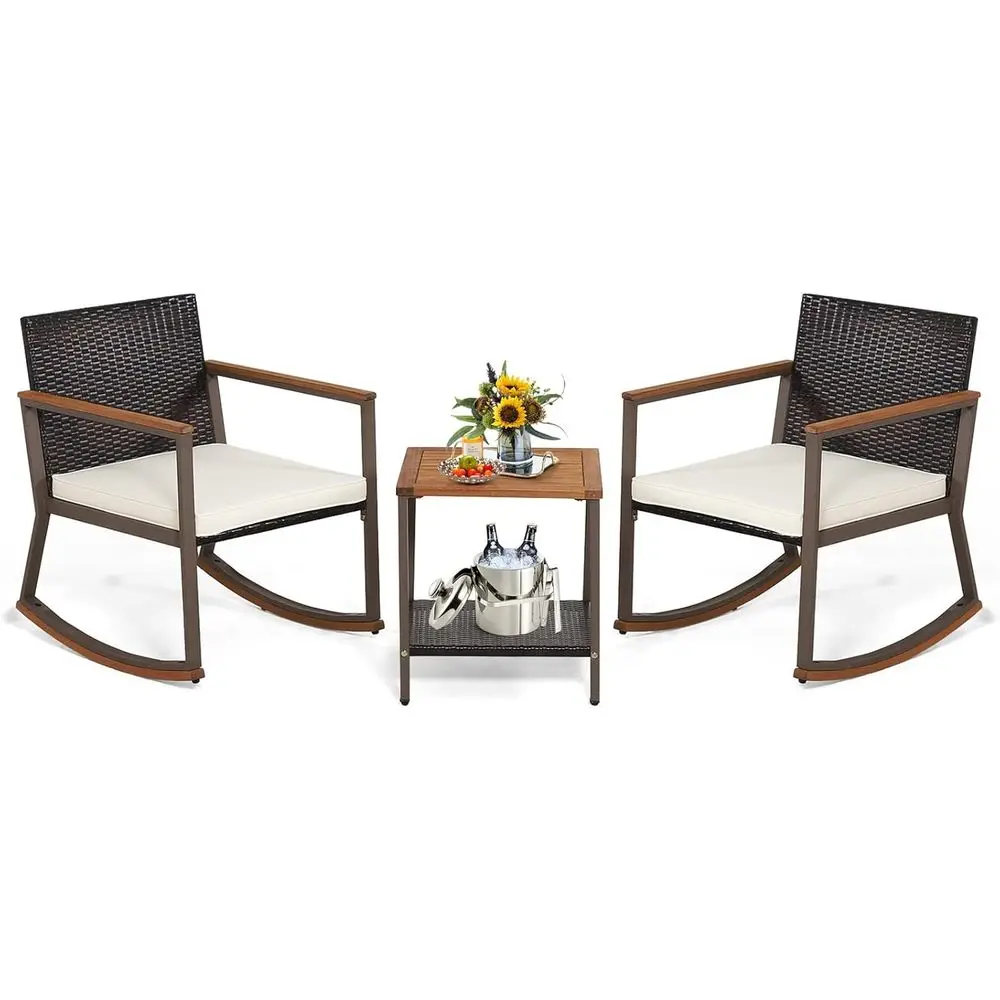 Pieces Rocking Bistro Set, Outdoor Rocker Chair with Coffee Table & Cushions, Patio Rattan Furniture Conversation Set for Balcon