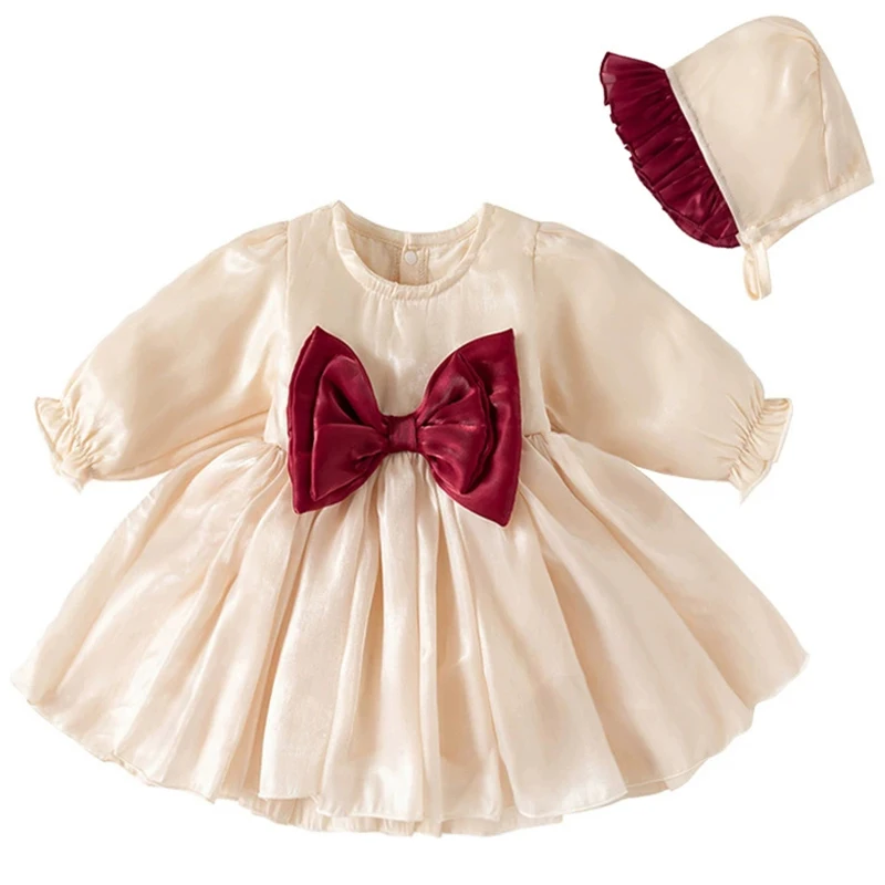 Весенне-осенняя одежда для маленьких девочек от 0 до 6 месяцев, корейское милое сетчатое платье принцессы с бантом и длинными рукавами, детские платья + шляпа, платье на день рождения BC1633