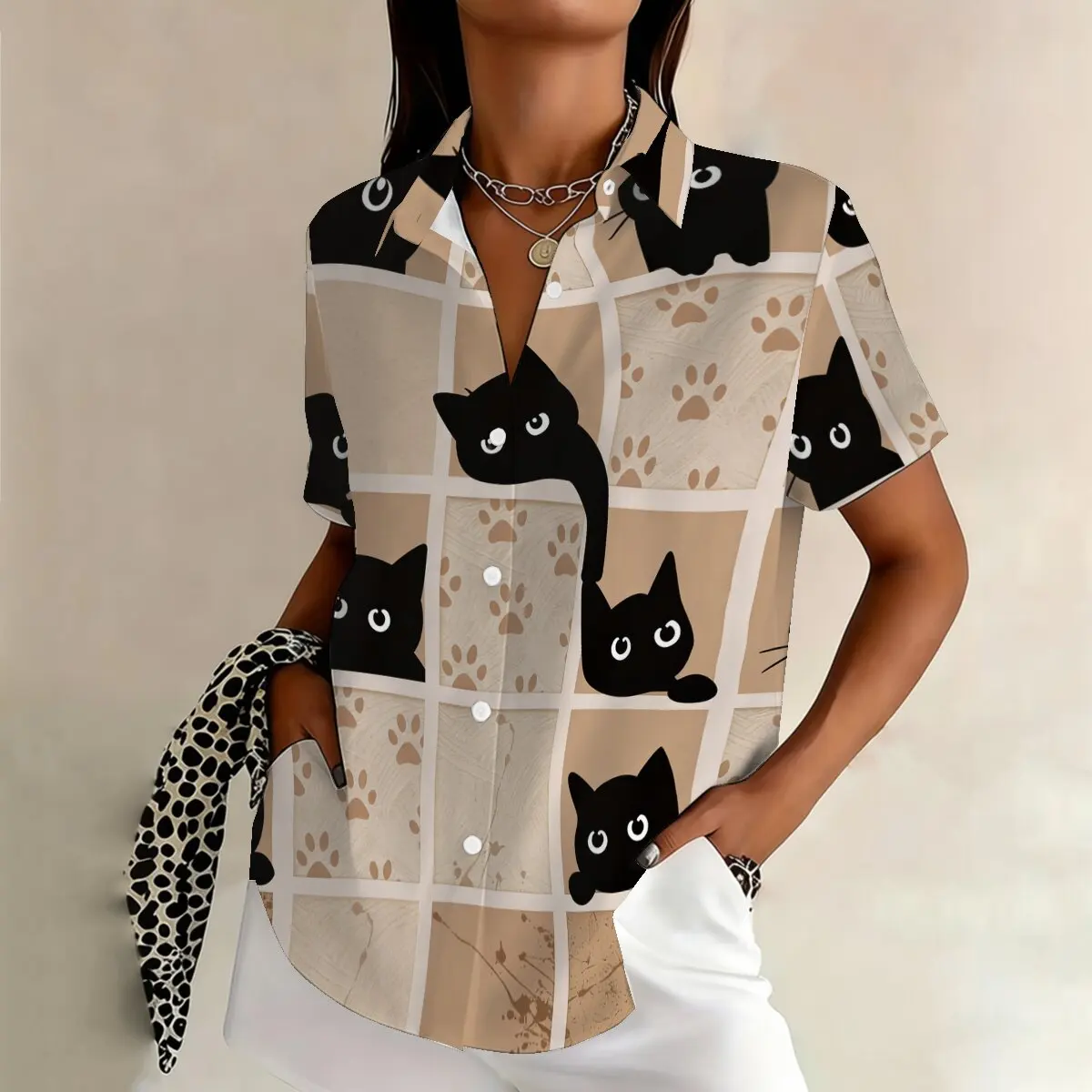 Summer fashion plus-size women's short-sleeve lapel shirt, creative plaid & cat pattern, versatile for workplace, social events
Summer fashion plus-size women's short-sleeve lapel shirt, creative plaid & cat pattern, versatile for workplace, social events