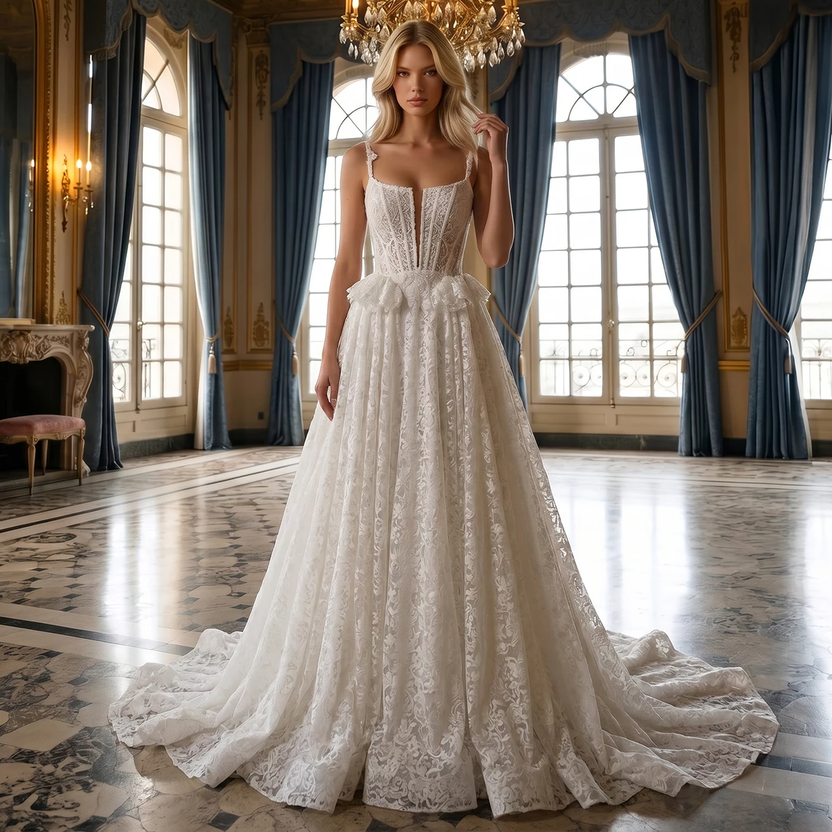 Elegant Lace Square Collar Wedding Dress With Train Pleated Appliques Bridal Party Gown Long Ball Gown For Women Vestidos Novia
Elegant Lace Square Collar Wedding Dress With Train Pleated Appliques Bridal Party Gown Long Ball Gown For Women Vestidos Novia