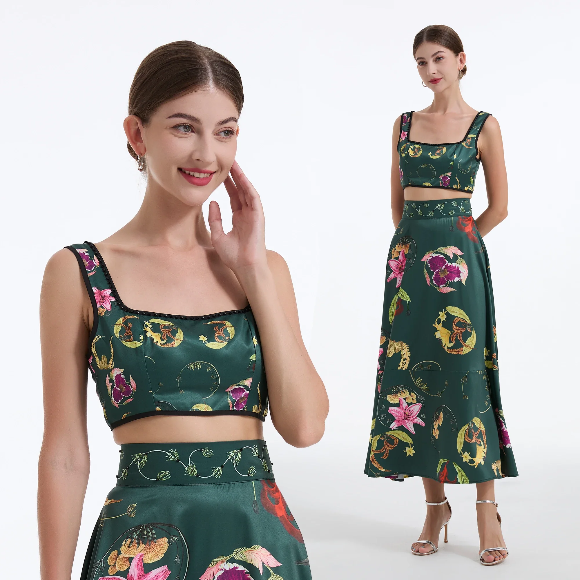 Luxury Flower Printed Beading Zipper Short Crop Top + High Waist A Line Midi Long Skirt Suit Summer Blackish Green Two Piece Set
Luxury Flower Printed Beading Zipper Short Crop Top + High Waist A Line Midi Long Skirt Suit Summer Blackish Green Two Piece Set