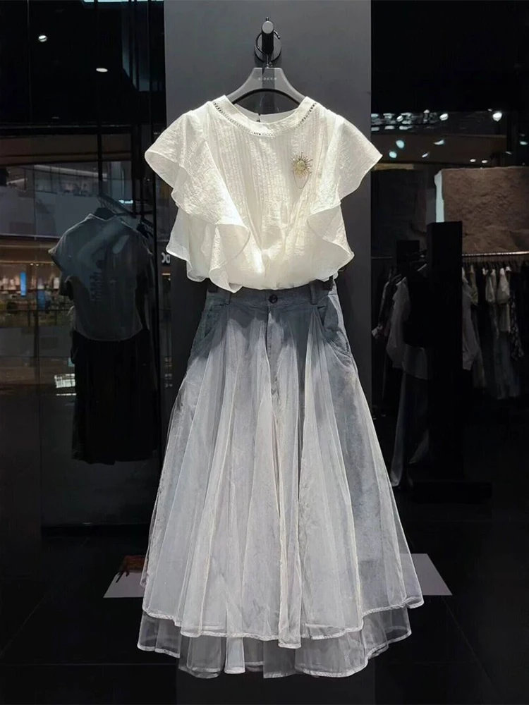 Elegant White Chiffon Top And Grey Blue Half Skirt Set plus Size Comfortable Fashionable Women's Summer Outfit High Waist Skirt
Elegant White Chiffon Top And Grey Blue Half Skirt Set plus Size Comfortable Fashionable Women's Summer Outfit High Waist Skirt