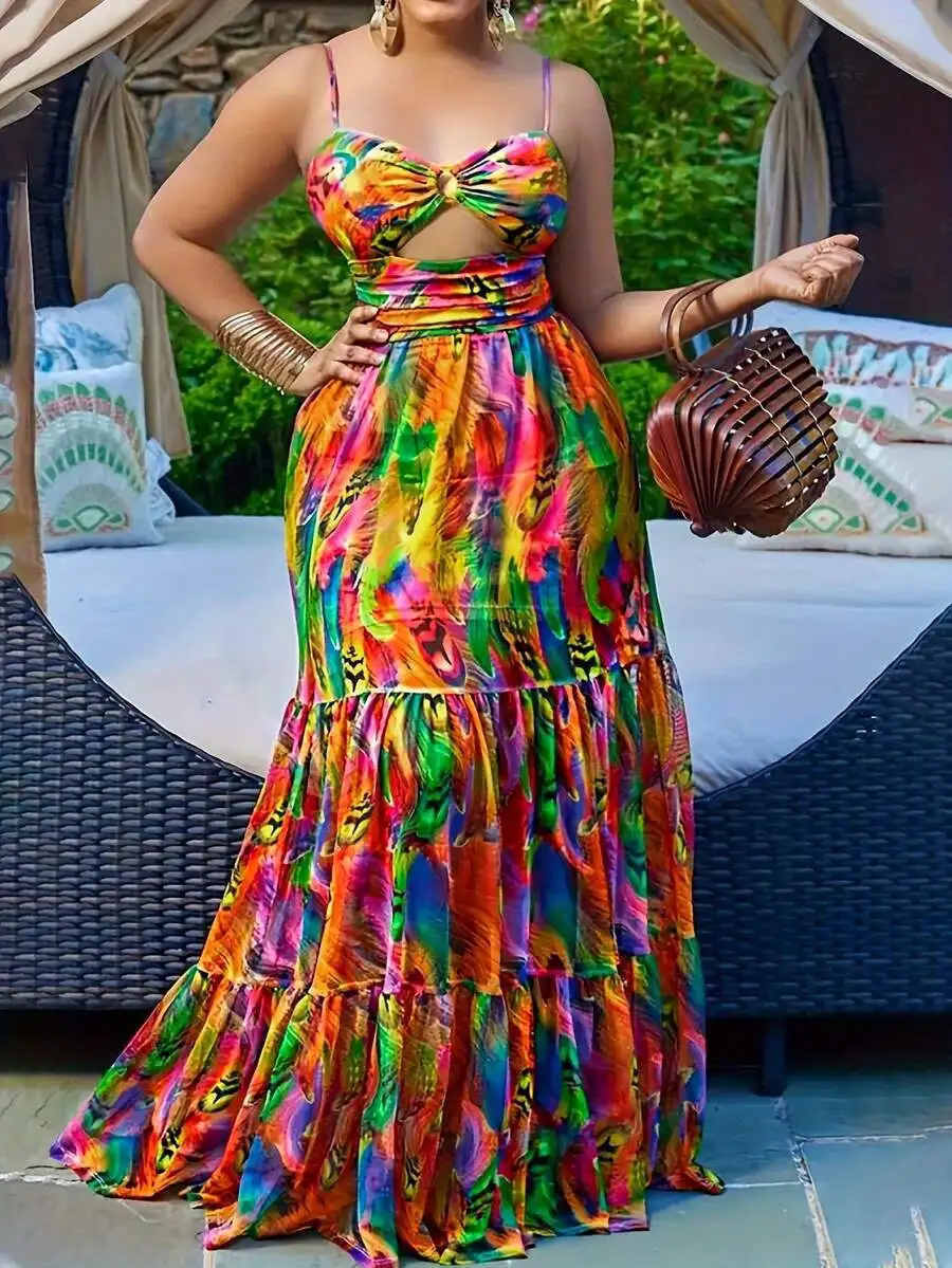 Multicolor Printed Hollow Out Tiered Maxi Dress With Spaghetti Strap
Multicolor Printed Hollow Out Tiered Maxi Dress With Spaghetti Strap