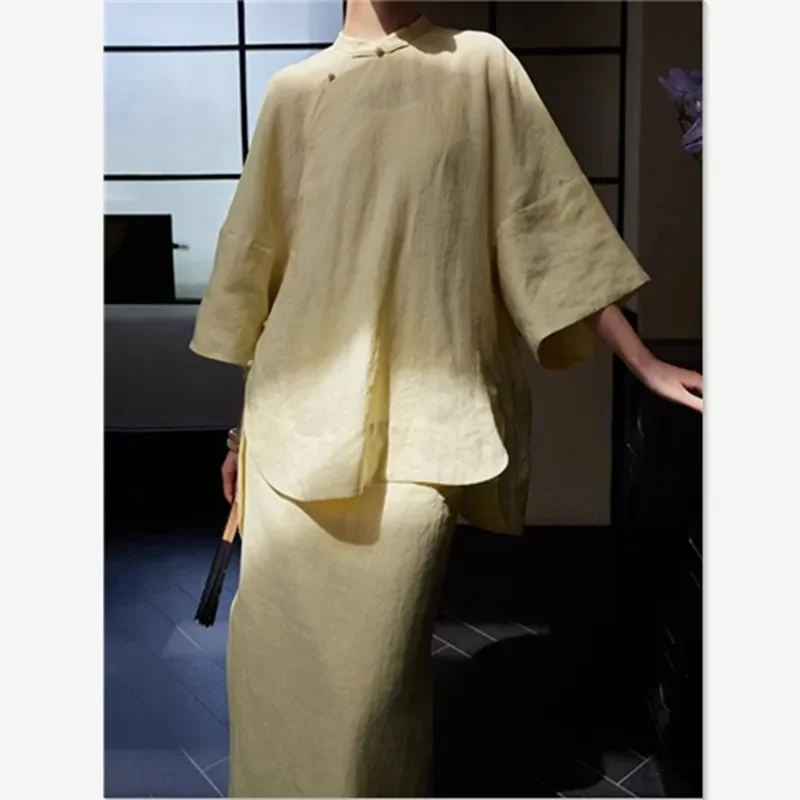 Summer New 2 Piece Sets Women Chinese Style Casual Loose Asymmetrical Hem Shirt and Split Long Skirt Outfits Soft Skirt Set
Summer New 2 Piece Sets Women Chinese Style Casual Loose Asymmetrical Hem Shirt and Split Long Skirt Outfits Soft Skirt Set