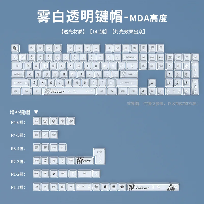 Fog white 141 key keycap PC transparent MDA height small full set
Fog white 141 key keycap PC transparent MDA height small full set