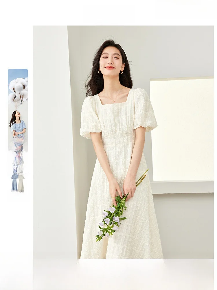 Elegant White Summer Dress Women's A-Line Skirt Slimming Waist Design Cotton Blend Bubble Sleeve Midi Dress by Vimly
Elegant White Summer Dress Women's A-Line Skirt Slimming Waist Design Cotton Blend Bubble Sleeve Midi Dress by Vimly