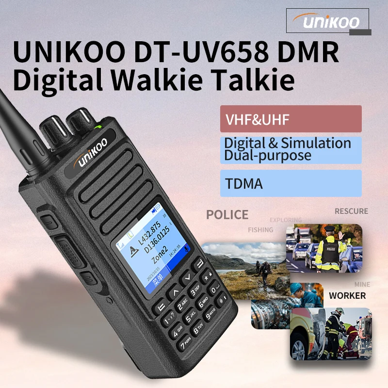 UNIKOO DT-UV658 DMR Digital Walkie Talkie Dual Mode Analog/Digital Radio Dual Time Slot 3000 Channels Long Range Ham Radio
UNIKOO DT-UV658 DMR Digital Walkie Talkie Dual Mode Analog/Digital Radio Dual Time Slot 3000 Channels Long Range Ham Radio