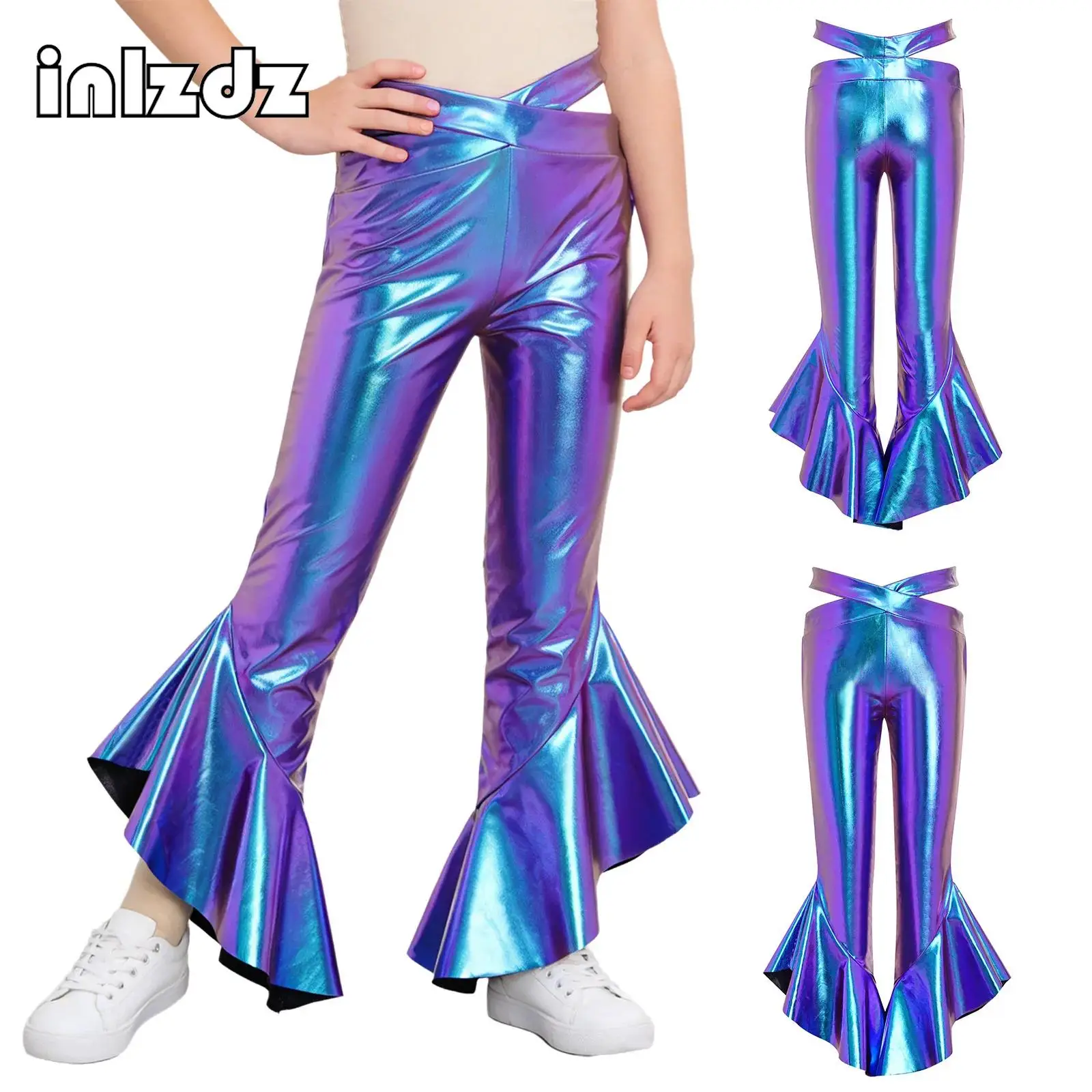 Kids Girls Metallic Flared Disco Dance Pants Theme Party Stage Performance Costumes Cross Waistband Ruffles Bell-Bottom Trousers
Kids Girls Metallic Flared Disco Dance Pants Theme Party Stage Performance Costumes Cross Waistband Ruffles Bell-Bottom Trousers
