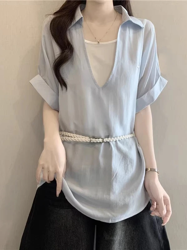 Light Blue V-Neck Short Sleeve Shirt Women's plus Size Mid-Length Waist-Cinching Top Korean Style Commute Fashion 2026 Summer...
Light Blue V-Neck Short Sleeve Shirt Women's plus Size Mid-Length Waist-Cinching Top Korean Style Commute Fashion 2026 Summer...