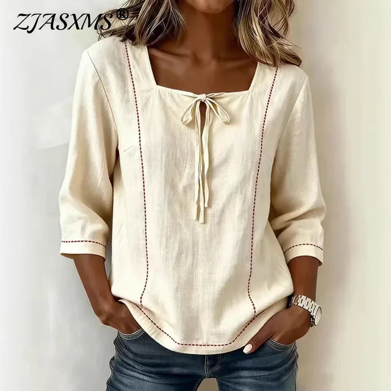 Women's Casual Square Collar Tie Front Blouses Elegant 2026 Spring Solid Hollow Out Top Simple 3/4 Sleeve Loose Streetwear Shirt
Women's Casual Square Collar Tie Front Blouses Elegant 2026 Spring Solid Hollow Out Top Simple 3/4 Sleeve Loose Streetwear Shirt
