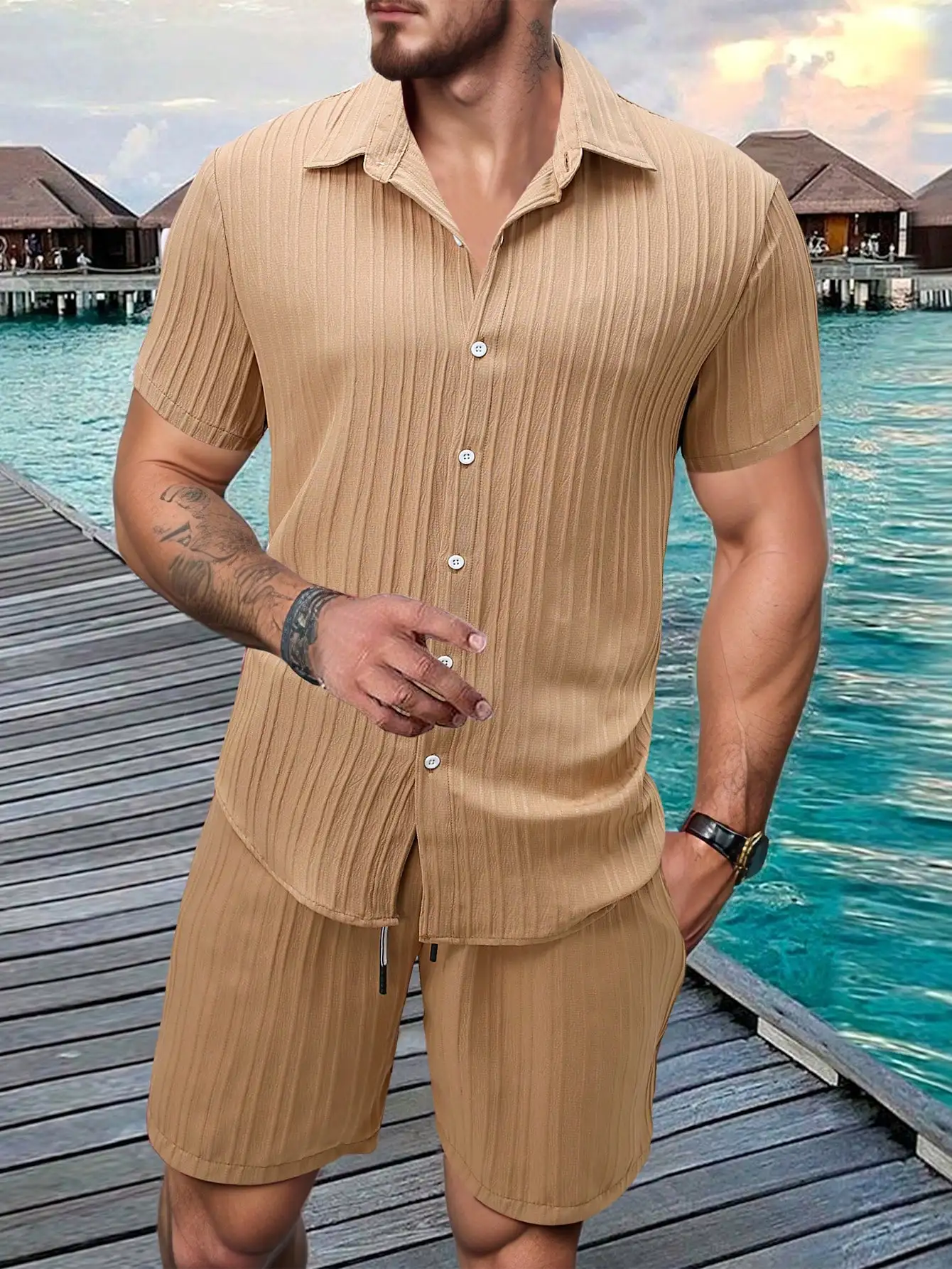 Mens Short Sleeve Button-Up Shirt And Matching Drawstring Shorts Set
Mens Short Sleeve Button-Up Shirt And Matching Drawstring Shorts Set