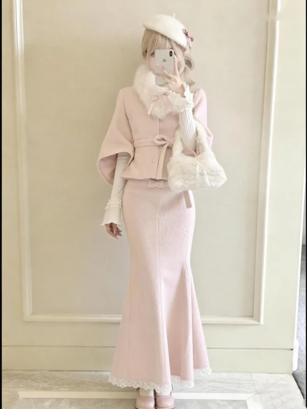 Elegant Three-Piece Set with Waist-Cinching Belted Woolen Coat White Base Layer High-Waisted Fish Tail Skirt for Women
Elegant Three-Piece Set with Waist-Cinching Belted Woolen Coat White Base Layer High-Waisted Fish Tail Skirt for Women