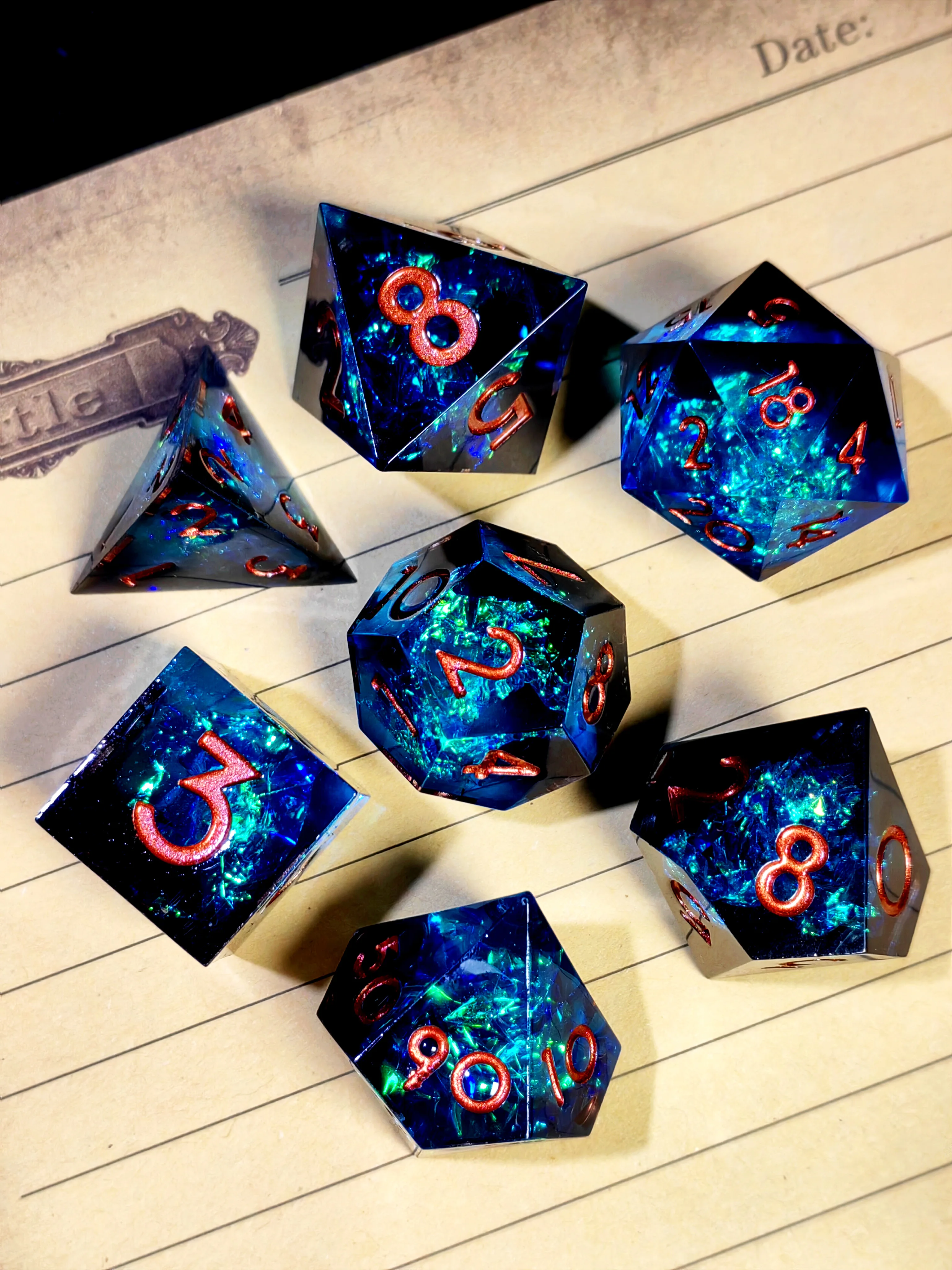 DnD Dice Set - 7 Piece Sharp Edge Resin Polyhedral Dice, Light Blue with Bronze Numbers, for D&D RPG Tabletop Games
DnD Dice Set - 7 Piece Sharp Edge Resin Polyhedral Dice, Light Blue with Bronze Numbers, for D&D RPG Tabletop Games