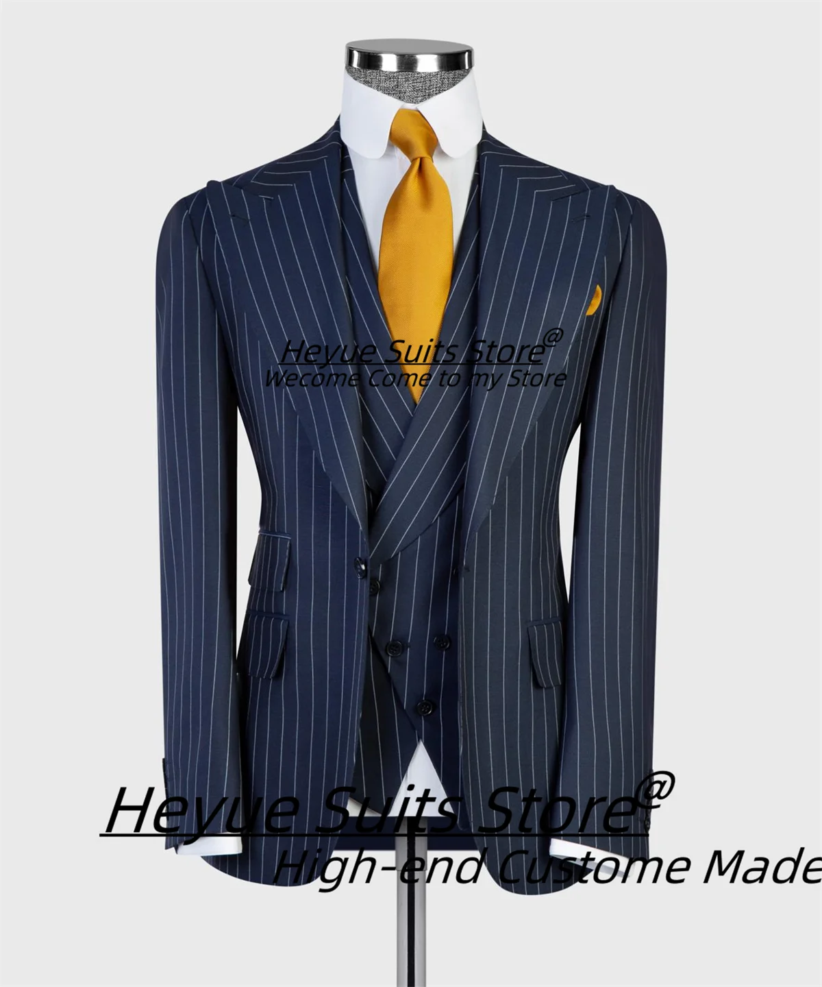 Business Navy Blue Stripe Men Suits Slim Peak Lapel Groom Wedding Tuxedos 3 Pieces Sets Male Prom Blazers Customized Ropa Hombre
Business Navy Blue Stripe Men Suits Slim Peak Lapel Groom Wedding Tuxedos 3 Pieces Sets Male Prom Blazers Customized Ropa Hombre