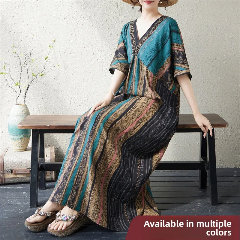 Loose Fit Slimming Print Cotton Linen Short Sleeve V-Neck Summer Dress Women's Knee-Length Overbust Artistic Style Citywalk
Loose Fit Slimming Print Cotton Linen Short Sleeve V-Neck Summer Dress Women's Knee-Length Overbust Artistic Style Citywalk