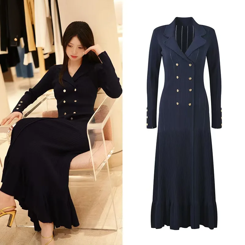 2025 Spring and Autumn new elegant French women slim double breasted V-neck long dark blue knit dress 25A109
2025 Spring and Autumn new elegant French women slim double breasted V-neck long dark blue knit dress 25A109