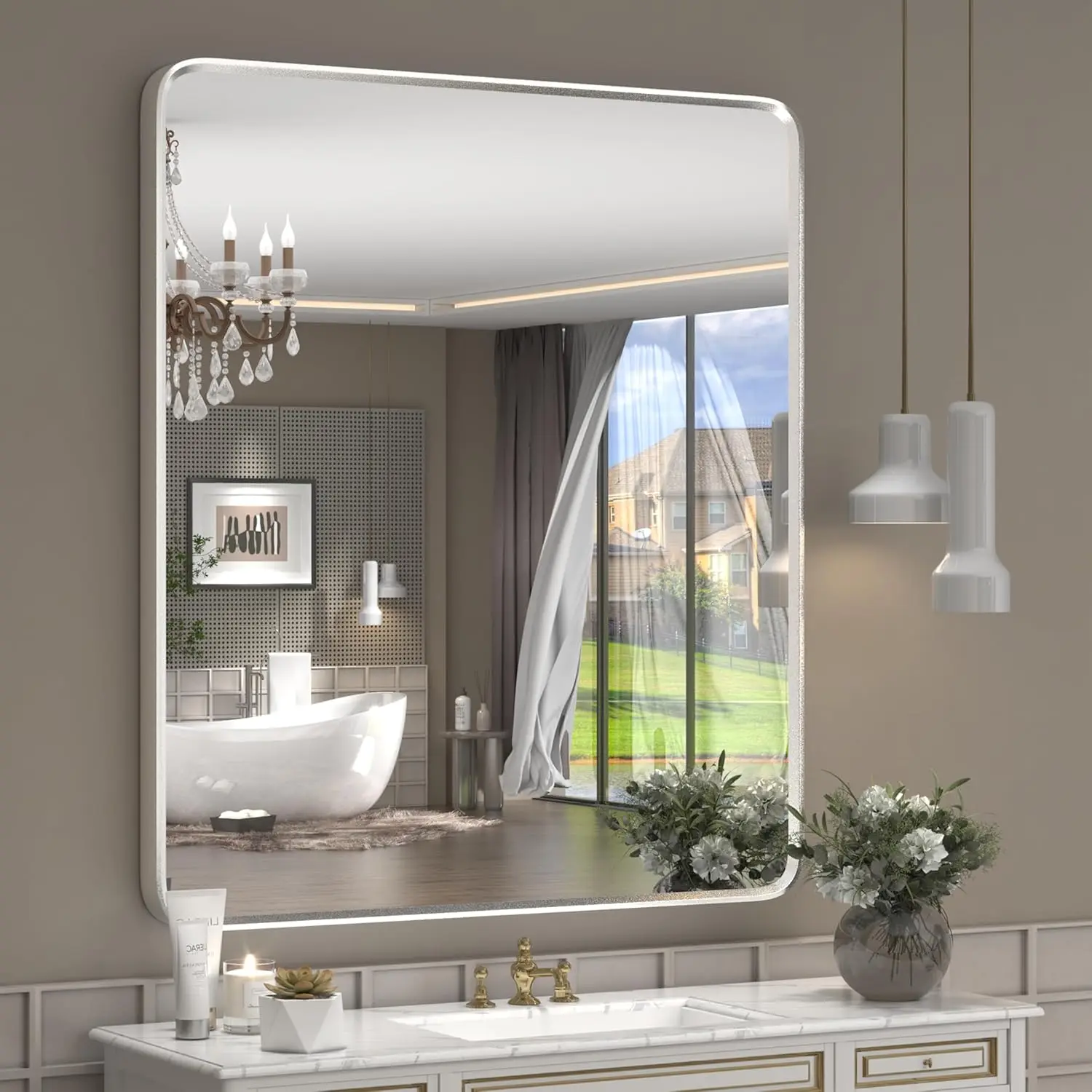 28x32 Inch Silver Framed Mirror, Silver Rounded RecBathroom Vanity Mirror for Wall, Silverish Painted, Shatterproof, Anti-Rust (
28x32 Inch Silver Framed Mirror, Silver Rounded RecBathroom Vanity Mirror for Wall, Silverish Painted, Shatterproof, Anti-Rust (