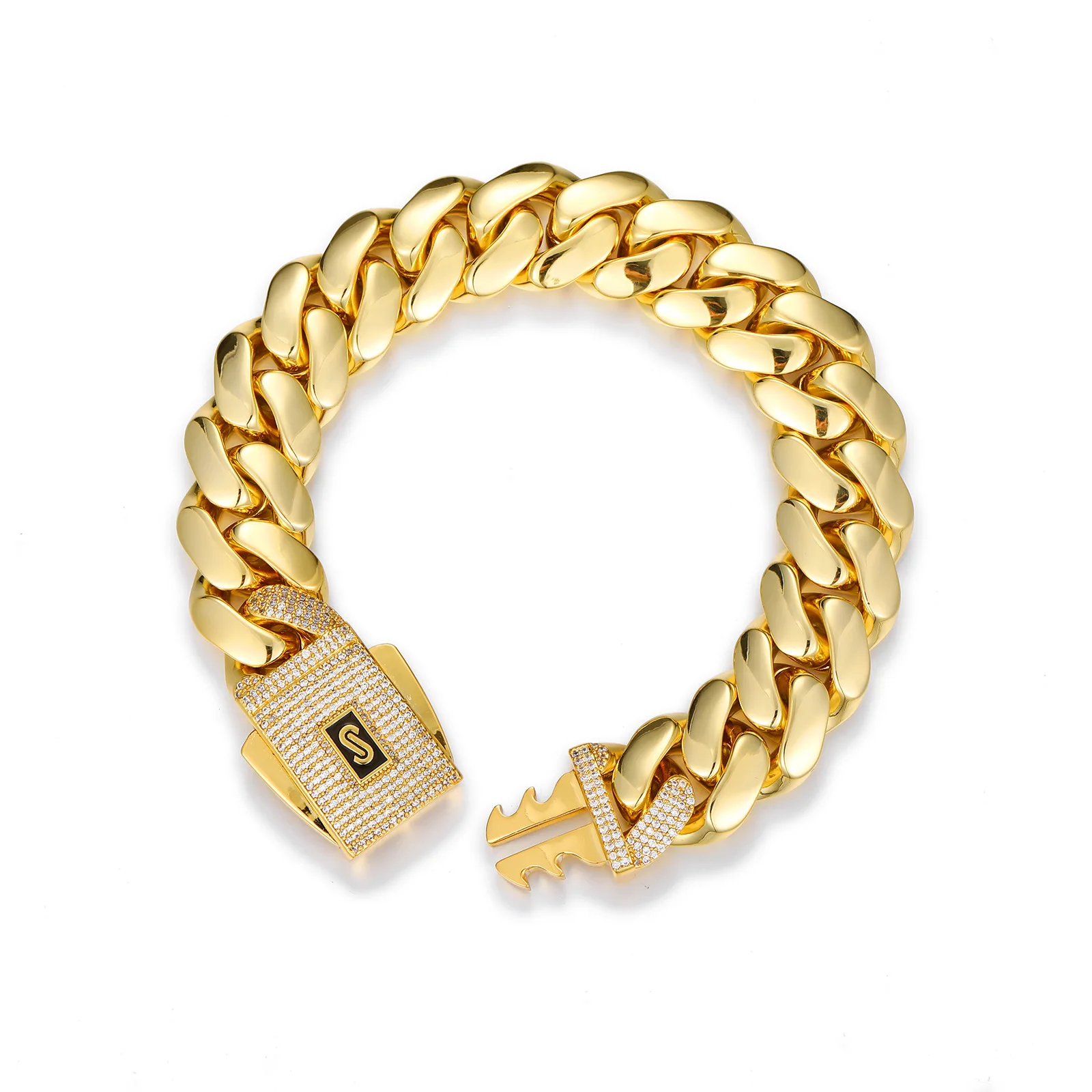 18K Gold Plated Solid Cuban Link Bracelet, Iced Out Zircon Box Clasp, Waterproof Fade Resistant Hip Hop Chain for Men
18K Gold Plated Solid Cuban Link Bracelet, Iced Out Zircon Box Clasp, Waterproof Fade Resistant Hip Hop Chain for Men