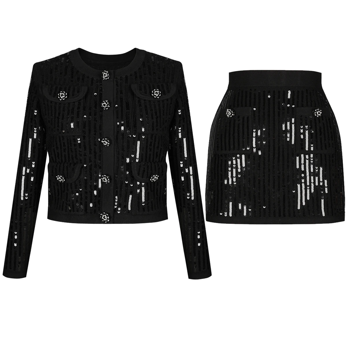 High Quality New Fashion Luxury Sequin Knit Round Neck Long Sleeved Diamond Button Cardigan Slim Fit Pencil Skirt Women's Set
High Quality New Fashion Luxury Sequin Knit Round Neck Long Sleeved Diamond Button Cardigan Slim Fit Pencil Skirt Women's Set
