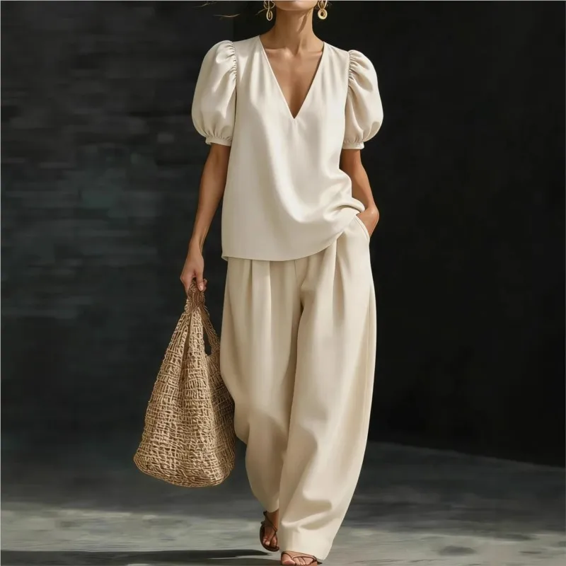 Casual Solid Office Two-piece Set Women's Fashion V-neck Bubble Sleeve Top+pants Suit Ladies Summer Comfort Outfit With Pocket
Casual Solid Office Two-piece Set Women's Fashion V-neck Bubble Sleeve Top+pants Suit Ladies Summer Comfort Outfit With Pocket
