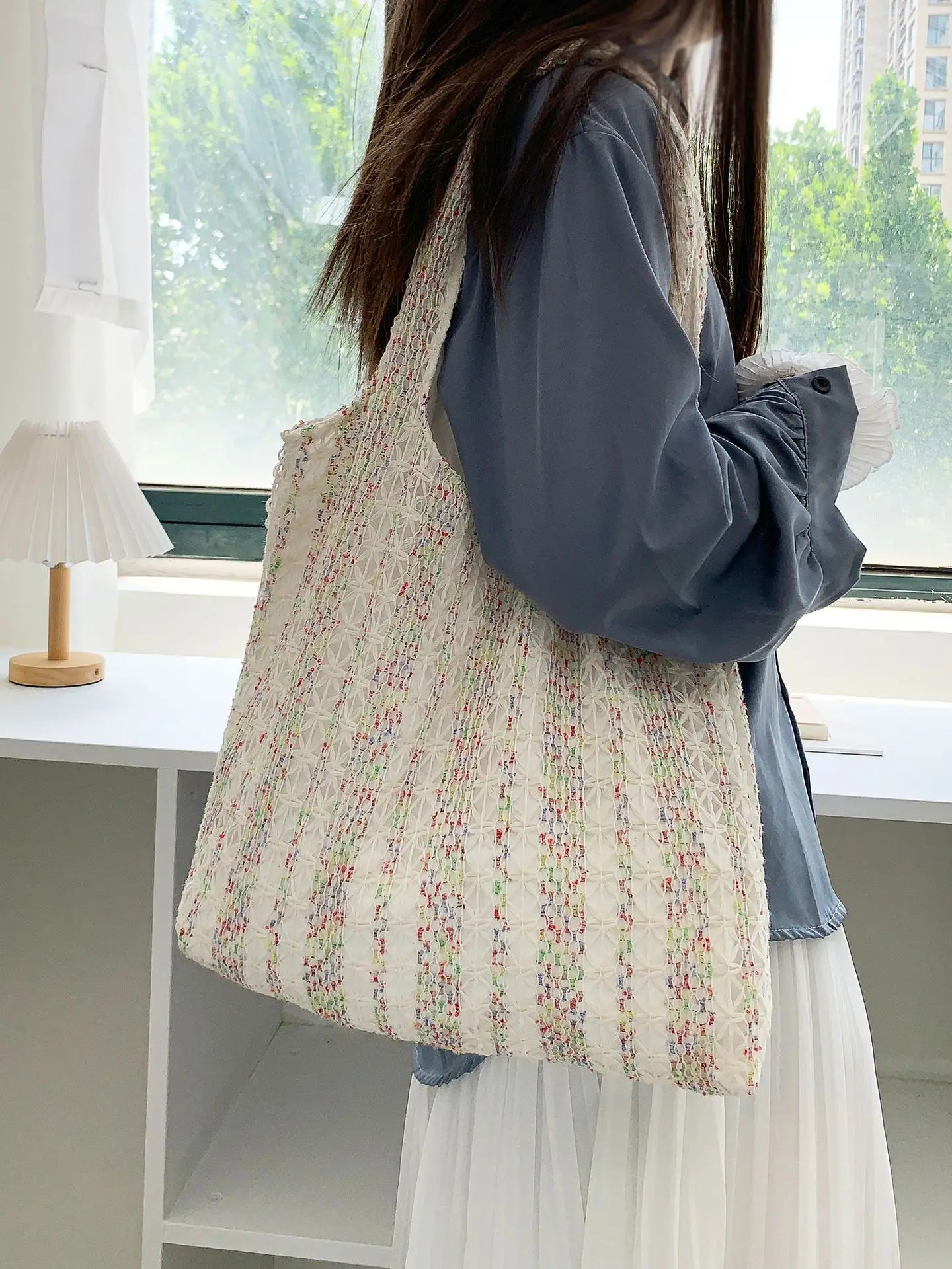 Neon Color Knitted Canvas Tote Bag for Women, Large Capacity Casual Shoulder Bag Fashion Commute School Bag for College Students Neon Color Knitted Canvas Tote Bag for Women, Large Capacity Casual Shoulder Bag Fashion Commute School Bag for College Students