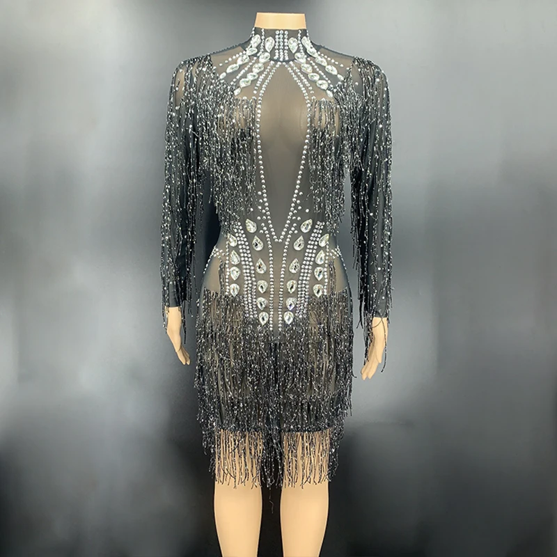 Luxury Crystals Black Tassels Transparent Stretch Mesh Dress Birthday Celebrate Evening Prom Party Women Dancer Costume
Luxury Crystals Black Tassels Transparent Stretch Mesh Dress Birthday Celebrate Evening Prom Party Women Dancer Costume