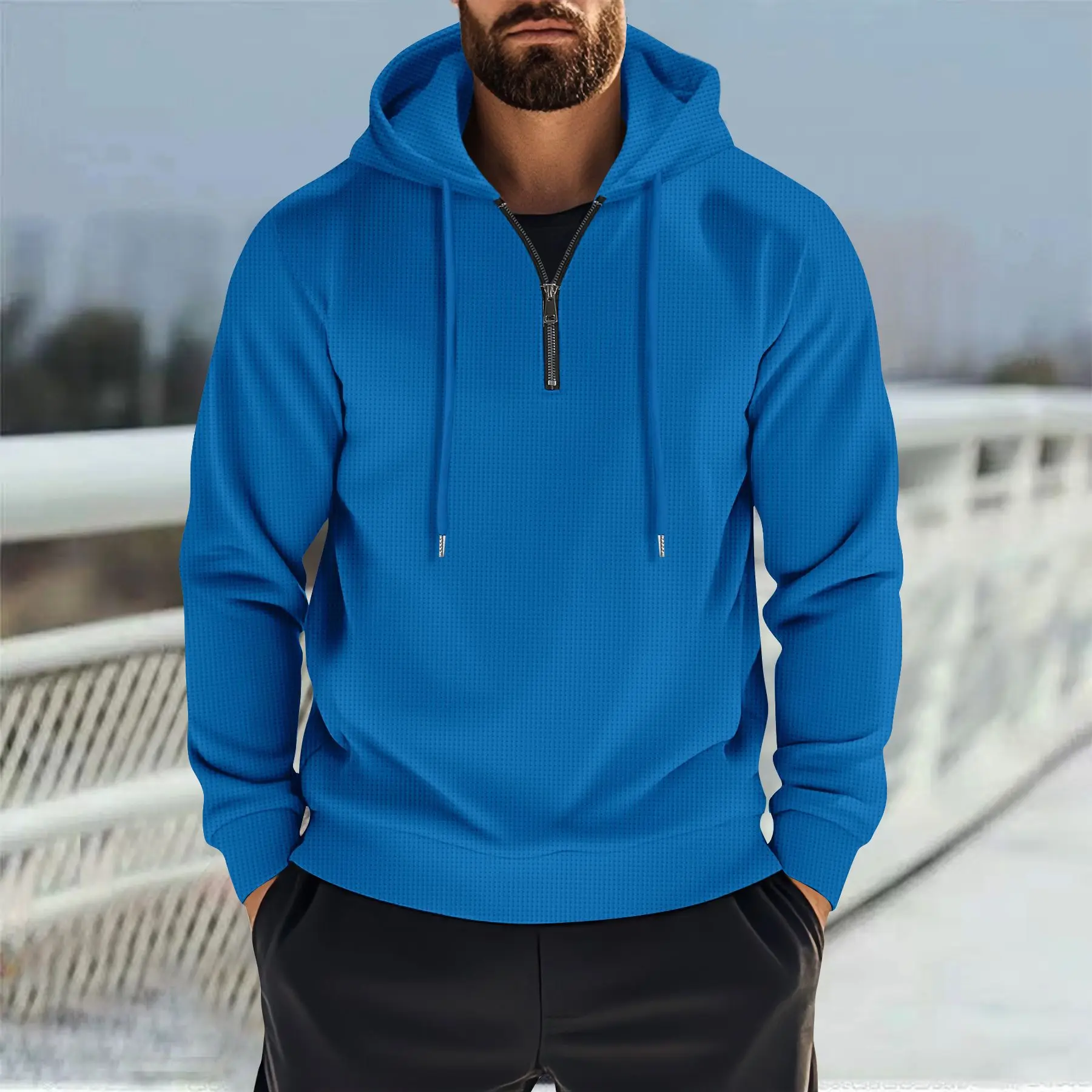 A men's essential comfortable waffle fabric knitted solid-color pullover. Autumn half-zip hooded casual loose-fitting sports shi
A men's essential comfortable waffle fabric knitted solid-color pullover. Autumn half-zip hooded casual loose-fitting sports shi