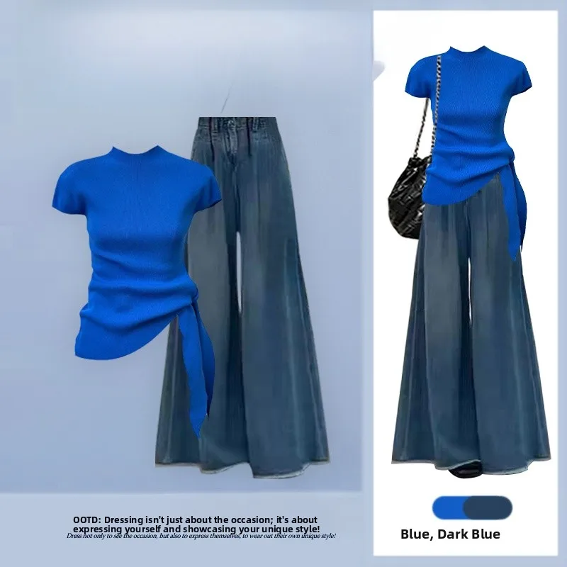Summer 2026 Knitted Slimming Short Sleeve Top And High Waist Straight Leg Jeans Two Piece Set Anti Aging Design Women's Fashion
Summer 2026 Knitted Slimming Short Sleeve Top And High Waist Straight Leg Jeans Two Piece Set Anti Aging Design Women's Fashion