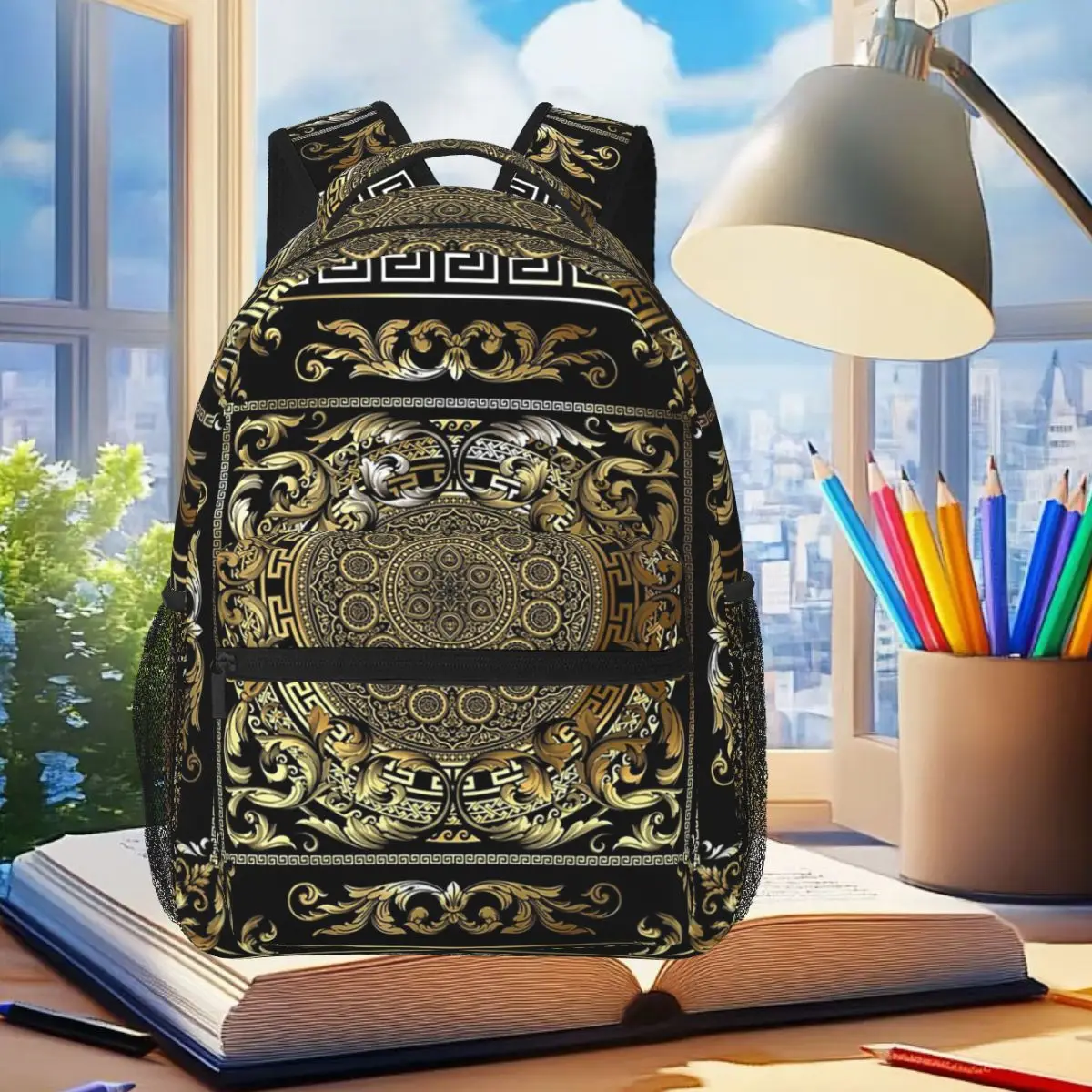 Greek Keys Ornate Floral Baroque Gold Backpack Student Boys Girls BookBag Kids School Bag Computer Shoulder Bags for Men Women
Greek Keys Ornate Floral Baroque Gold Backpack Student Boys Girls BookBag Kids School Bag Computer Shoulder Bags for Men Women