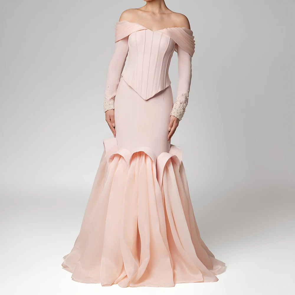 Вечерние платья трапециевидной формы по индивидуальному заказу, длиной до пола, с открытыми плечами, с длинными рукавами, платье для выпускного вечера, модное драпированное вечернее платье со складками и бисером
Вечерние платья трапециевидной формы по индивидуальному заказу, длиной до пола, с открытыми плечами, с длинными рукавами, платье для выпускного вечера, модное драпированное вечернее платье со складками и бисером