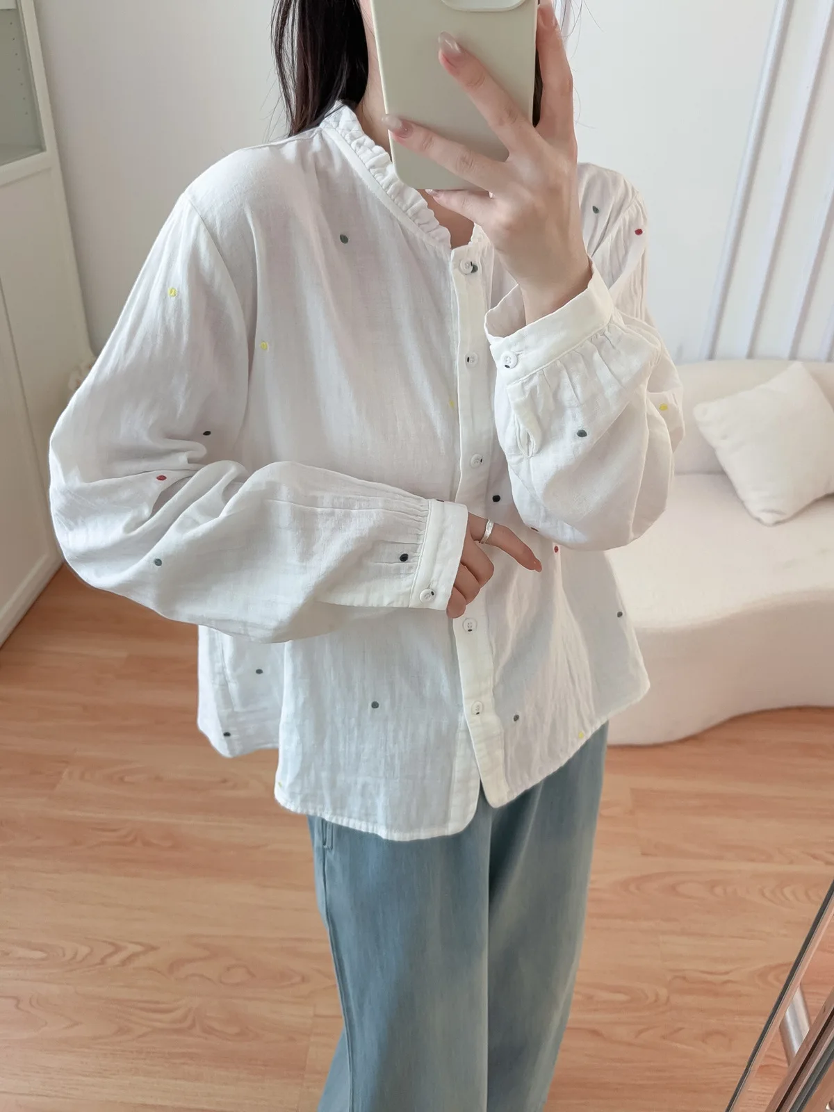 New 2026 Summer Women Cotton Yarn Long Sleeve Shirt, Stand Ruffles Dot Print, Mori Girl French Casual Soft Loose Blouse T66623CC
New 2026 Summer Women Cotton Yarn Long Sleeve Shirt, Stand Ruffles Dot Print, Mori Girl French Casual Soft Loose Blouse T66623CC