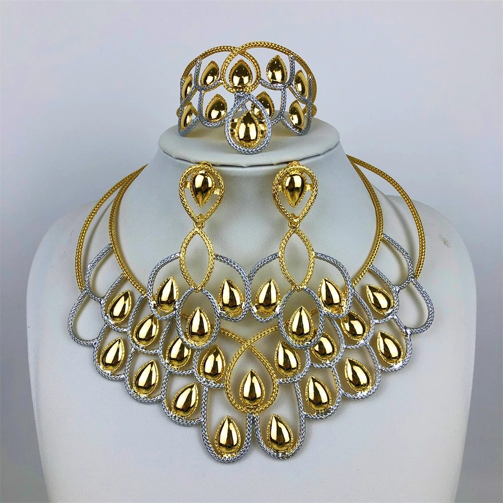 Water Droplets Shaped Big Choker Gold Plated Jewelry Set Necklace Drop Earrings Bracelet Ring Dubai Bridal Wedding Party Gifts
Water Droplets Shaped Big Choker Gold Plated Jewelry Set Necklace Drop Earrings Bracelet Ring Dubai Bridal Wedding Party Gifts