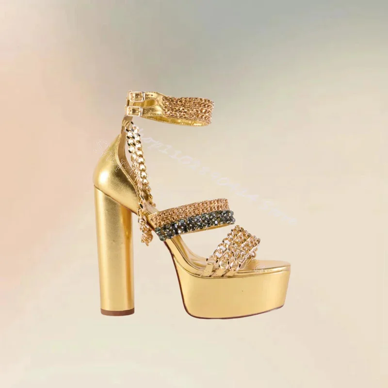 Gold Chain Crystal Decor Open Toe Platform Sandals Buckle Strap Women Shoes Chunky High Heels New Party 2025 Zapatos Para Mujere
Gold Chain Crystal Decor Open Toe Platform Sandals Buckle Strap Women Shoes Chunky High Heels New Party 2025 Zapatos Para Mujere