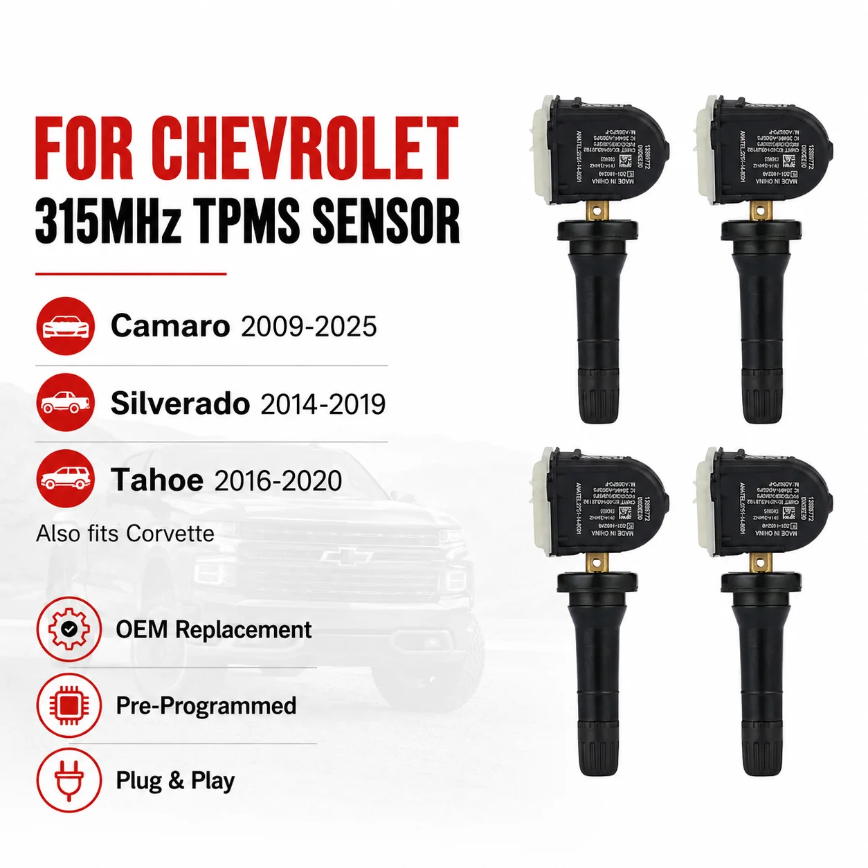 315MHz TPMS Sensor For Chevrolet Silverado 2014-2019 Tahoe 2016-2020 Camaro 2009-2016 2018-2025 Corvette 2014-2019
315MHz TPMS Sensor For Chevrolet Silverado 2014-2019 Tahoe 2016-2020 Camaro 2009-2016 2018-2025 Corvette 2014-2019