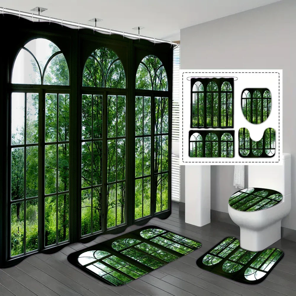 4-piece set of imitation window green forest waterproof printed shower curtains, with 12 hooks, bathroom floor mats
4-piece set of imitation window green forest waterproof printed shower curtains, with 12 hooks, bathroom floor mats