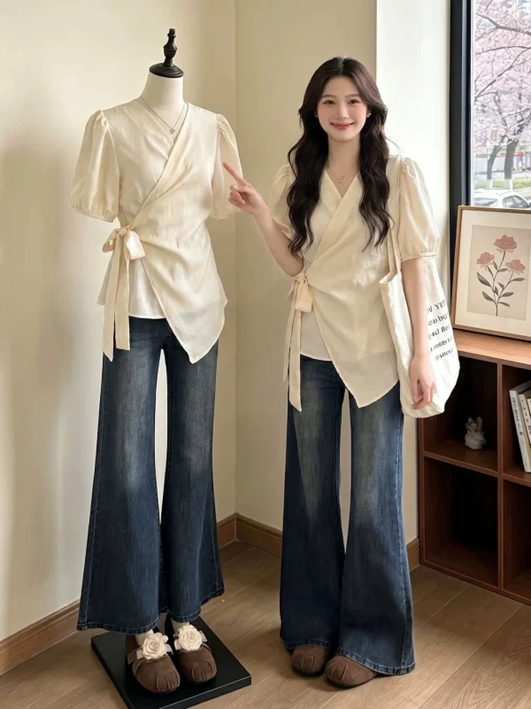 Elegant V-neck Acetate Satin Shirt Women's plus Size Summer New Style Big Code Fat MM Belt Waist Tying Shoulder Shirt
Elegant V-neck Acetate Satin Shirt Women's plus Size Summer New Style Big Code Fat MM Belt Waist Tying Shoulder Shirt